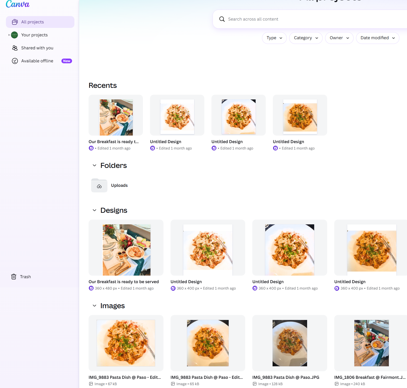 Canva All Projects view with Zesty Bowl recents, folders, designs, and image assets