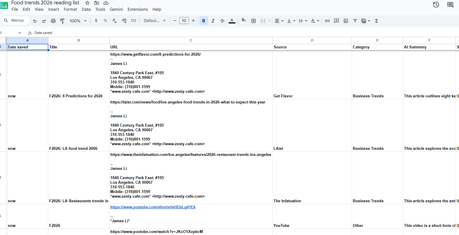 Google Sheet titled Food trends 2026 reading list with columns for Date saved, Title, URL, Source, Category, and AI Summary