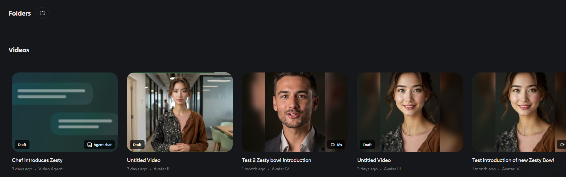 HeyGen Projects view with Zesty Bowl video drafts in a folder