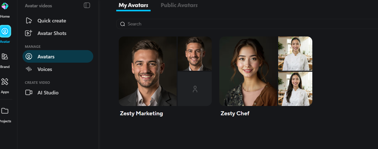 HeyGen Avatars screen showing the Zesty Marketing and Zesty Chef custom avatars