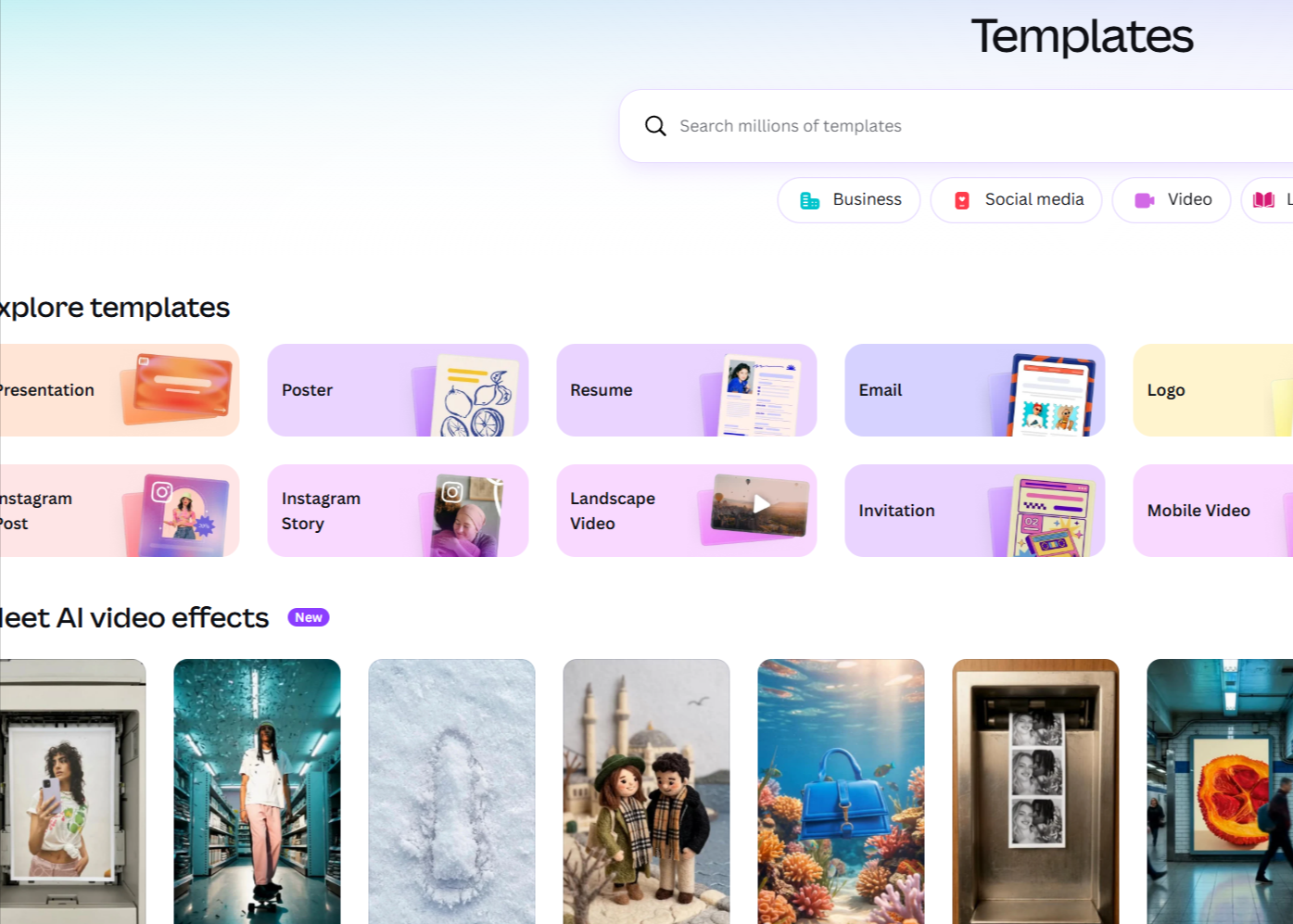 Canva Templates browser with Presentation, Poster, Instagram, Video, Email, and Logo options